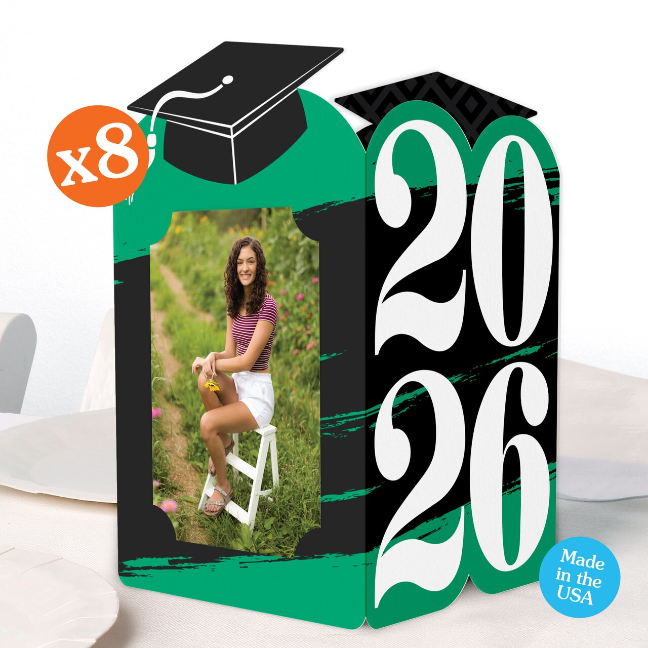 Big Dot of Happiness Green 2026 Graduation Photo Holder Centerpieces, 4x6 Picture Display Box, Table Decoration Centerpiece for Grad Decor, 8 Count